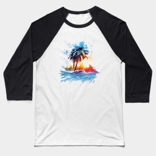 Bold and Colorful Ocean Graphic with Palm Trees and Beach Splats Baseball T-Shirt